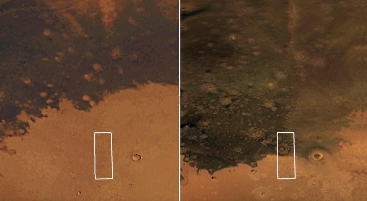 ESA Mars Express зафиксировал стремительное расширение тёмного вулканического пепла на Марсе